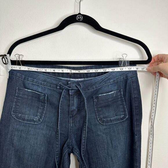 Vintage Z Cavaricci Dark Wash Low Rise Flare Front Tie Waist Jean Patch Pocket 7 - Picture 12 of 13